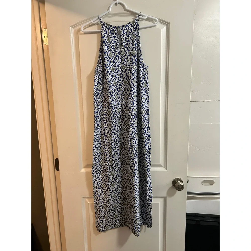 Boden Geometric Print racer back Halter Neck Midi Dress Blue White Green Size 6R - Picture 3 of 8
